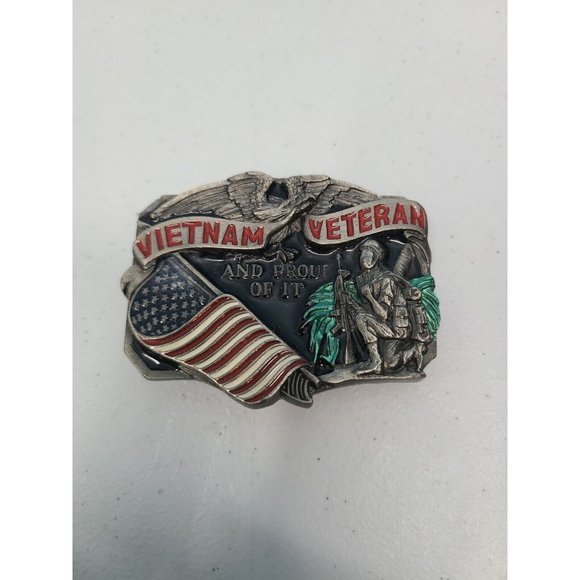 VTG Vietnam Veteran And Proud Of It Belt Buckle Enamel Great American Buckle Co - Picture 2 of 3